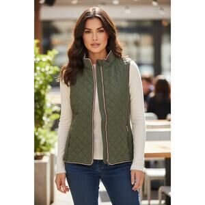 Miami Olive Green Quilted Puffer Vest Pink Trim Zip Front Women’s Medium